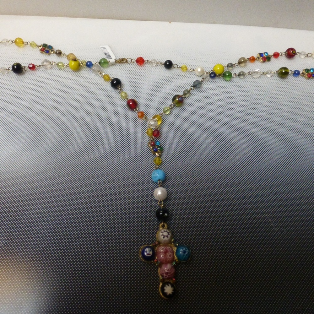 GYPSY DANCER MULTI COLORED BEADS ,CROSS,PEARLS,CRYSTAL NECKLACE